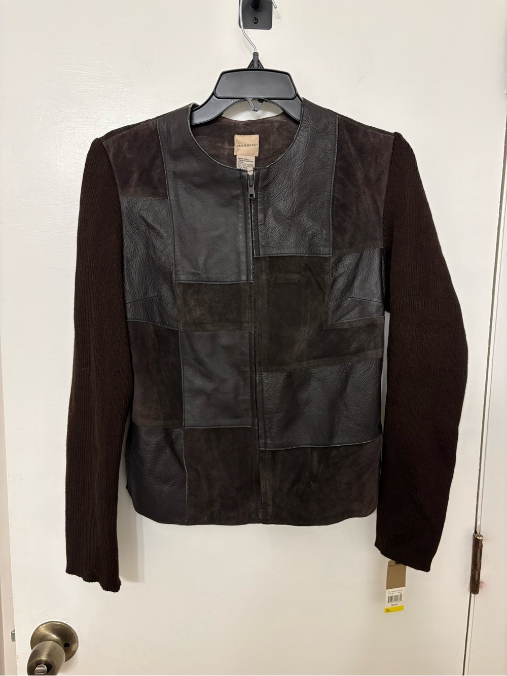 Massini NWT Vintage Patchwork Leather Jacket Knit Wool Blend Sleeves Brown M